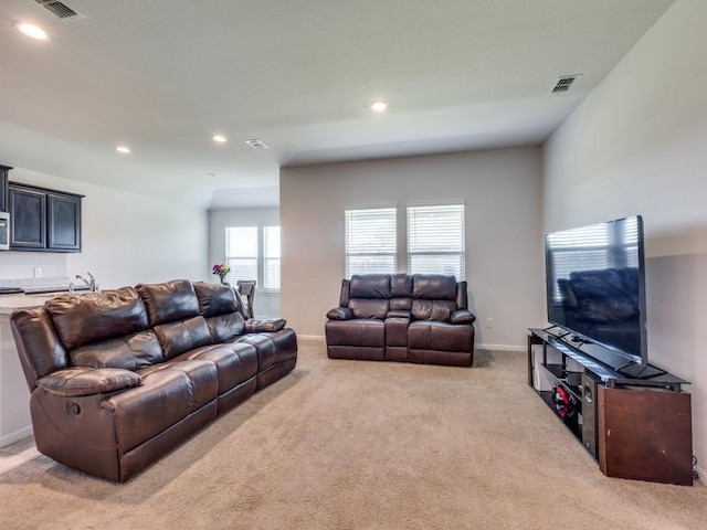 16757 Portage St, Justin, TX 76247 - living room featuring light colored carpet, recessed lighting, and baseboards