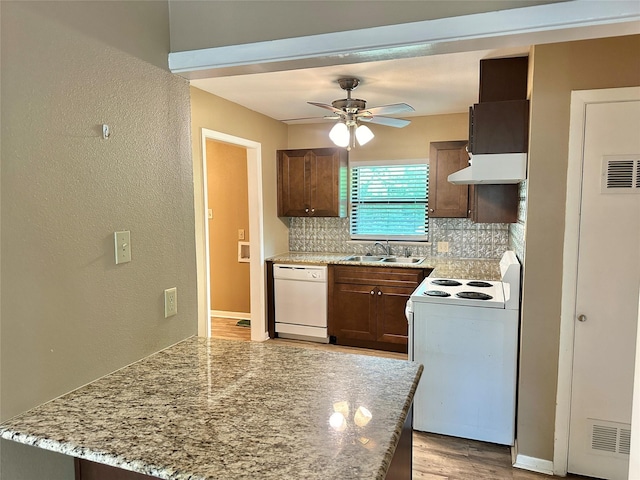 213 W Tennie St, Gainesville, TX 76240 - kitchen with white appliances, under cabinet range hood, tasteful backsplash, a sink, and a ceiling fan