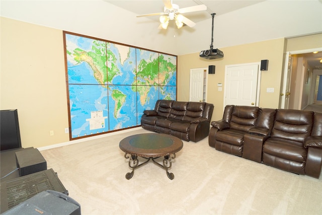 carpeted living room featuring ceiling fan