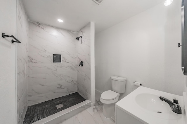 238 Briar Oaks Dr, Azle, TX 76020 - bathroom featuring marble look tiles, toilet, a marble finish shower, vanity, and recessed lighting
