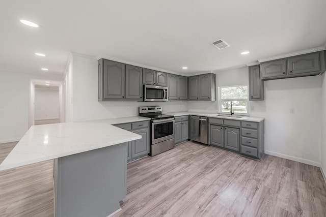 238 Briar Oaks Dr, Azle, TX 76020 - kitchen featuring appliances with stainless steel finishes, gray cabinetry, a peninsula, a sink, and recessed lighting