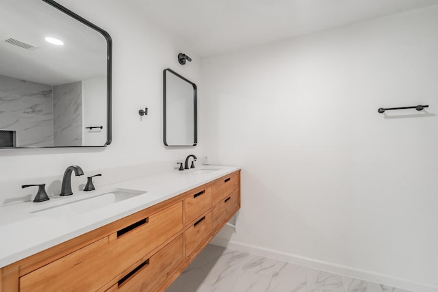 238 Briar Oaks Dr, Azle, TX 76020 - full bathroom featuring marble look tiles, baseboards, double vanity, and recessed lighting
