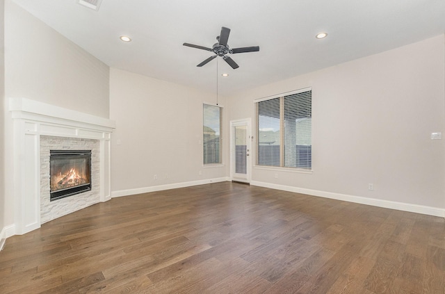 413 Allbright Rd, Celina, TX 75009 - unfurnished living room featuring ceiling fan, wood finished floors, recessed lighting, a fireplace, and baseboards