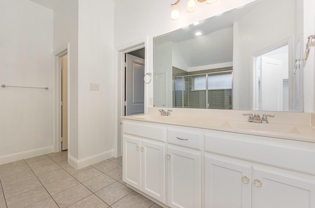 413 Allbright Rd, Celina, TX 75009 - full bath with tile patterned flooring, a shower stall, baseboards, and double vanity