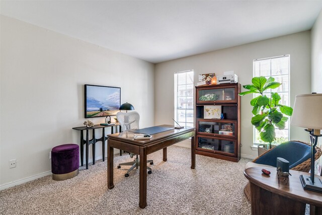 home office with light carpet and baseboards