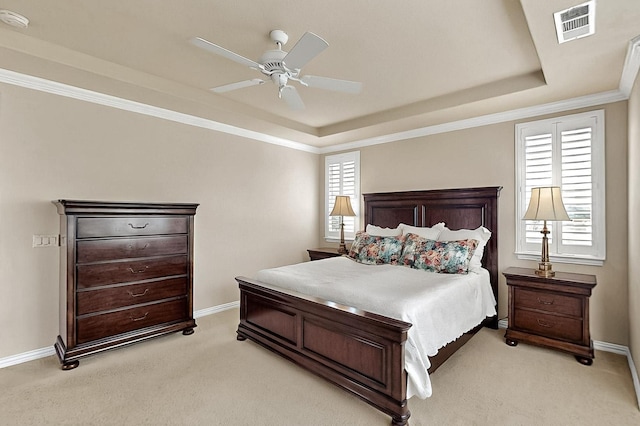 11908 Glenbrook St, Denton, TX 76207 - bedroom featuring a raised ceiling, light carpet, baseboards, ornamental molding, and ceiling fan