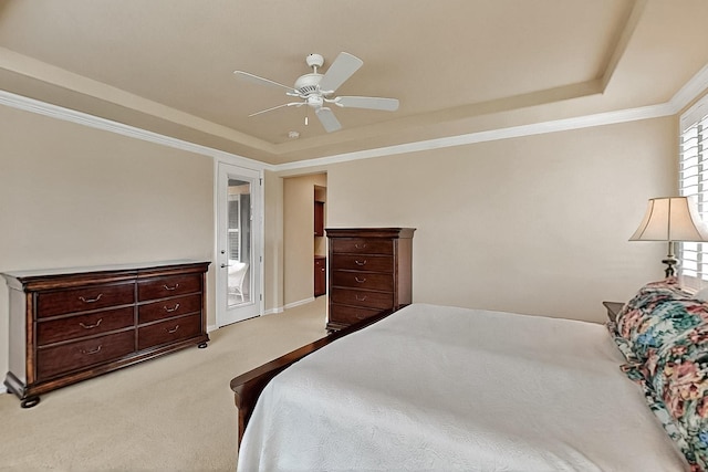 11908 Glenbrook St, Denton, TX 76207 - carpeted bedroom with a raised ceiling, access to outside, a ceiling fan, and crown molding