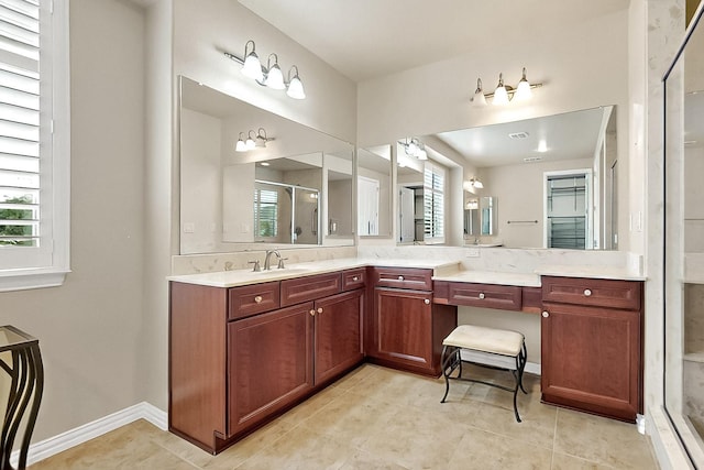 11908 Glenbrook St, Denton, TX 76207 - full bathroom featuring a stall shower, vanity, and tile patterned floors