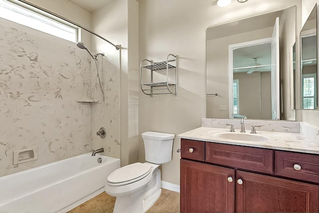 11908 Glenbrook St, Denton, TX 76207 - full bath with toilet, shower / washtub combination, a ceiling fan, vanity, and baseboards