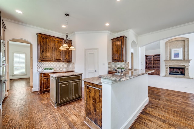 1210 Carlisle Ct, Frisco, TX 75036 - kitchen featuring arched walkways, a fireplace, tasteful backsplash, ornamental molding, and oven