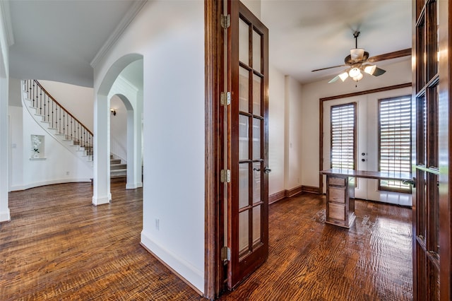 1210 Carlisle Ct, Frisco, TX 75036 - entryway featuring french doors, ceiling fan, stairway, baseboards, and crown molding