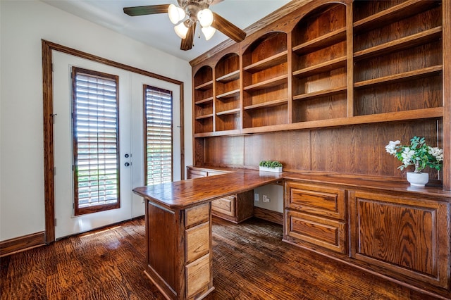 1210 Carlisle Ct, Frisco, TX 75036 - unfurnished office featuring built in study area, ceiling fan, dark wood-style flooring, and built in shelves