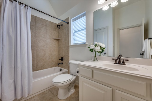 1210 Carlisle Ct, Frisco, TX 75036 - full bathroom with toilet, tile patterned floors, shower / bath combo, lofted ceiling, and vanity