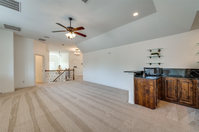 1210 Carlisle Ct, Frisco, TX 75036 - unfurnished living room featuring light colored carpet, ceiling fan, baseboards, a chandelier, and recessed lighting