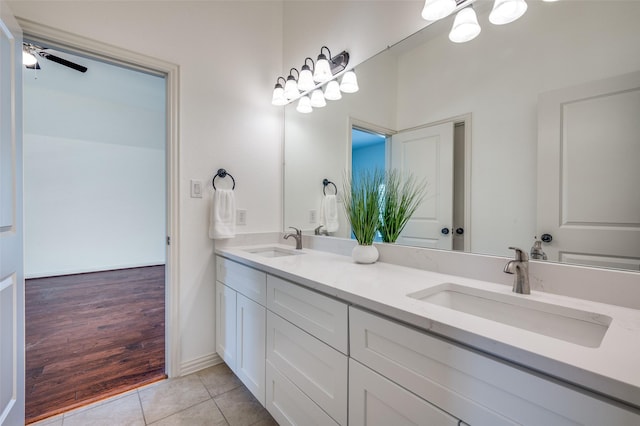 1210 Carlisle Ct, Frisco, TX 75036 - bathroom featuring tile patterned floors, double vanity, and a ceiling fan