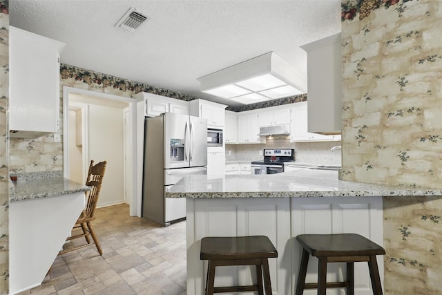 221 Valley Ranch Rd, Weatherford, TX 76087 - kitchen with stainless steel appliances, under cabinet range hood, a peninsula, tasteful backsplash, and a textured ceiling