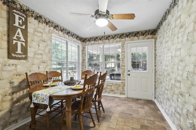 221 Valley Ranch Rd, Weatherford, TX 76087 - dining room featuring a textured ceiling, ceiling fan, and stone finish floors