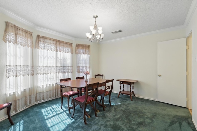 221 Valley Ranch Rd, Weatherford, TX 76087 - carpeted dining room featuring a chandelier, crown molding, and a textured ceiling