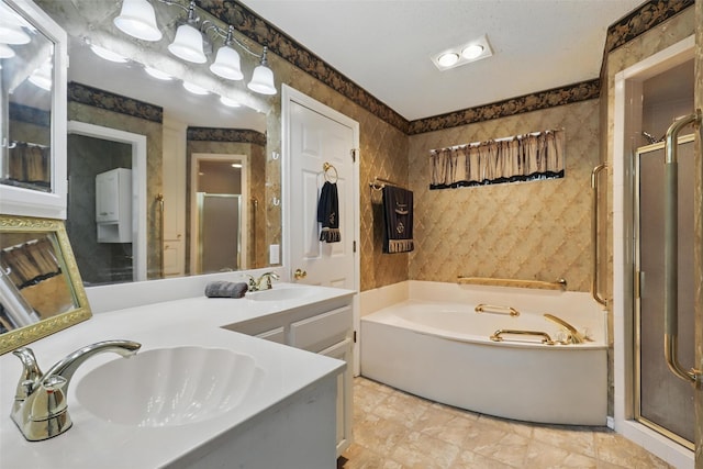 221 Valley Ranch Rd, Weatherford, TX 76087 - full bathroom with a shower stall, wallpapered walls, a bath, and double vanity