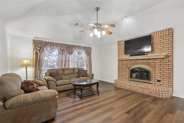 221 Valley Ranch Rd, Weatherford, TX 76087 - living room with dark wood-type flooring, a ceiling fan, lofted ceiling, and a fireplace