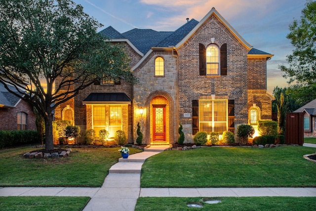 view of front of home with a lawn, brick siding, and stone siding