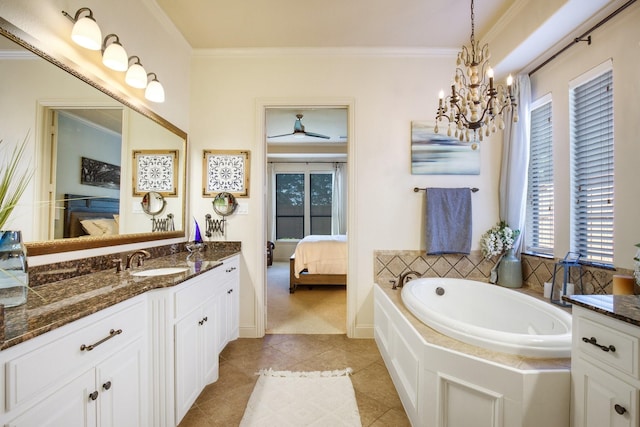 bathroom with crown molding, vanity, connected bathroom, a ceiling fan, and a chandelier
