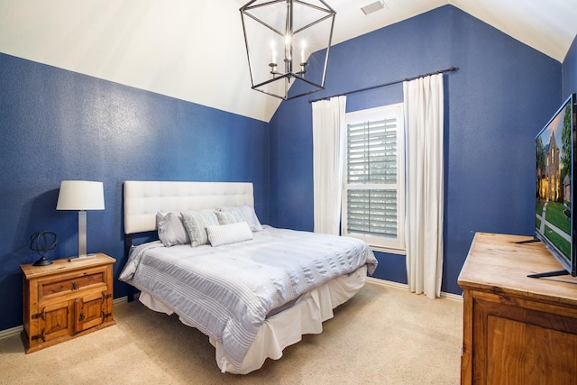 bedroom featuring carpet, a chandelier, baseboards, vaulted ceiling, and a textured wall