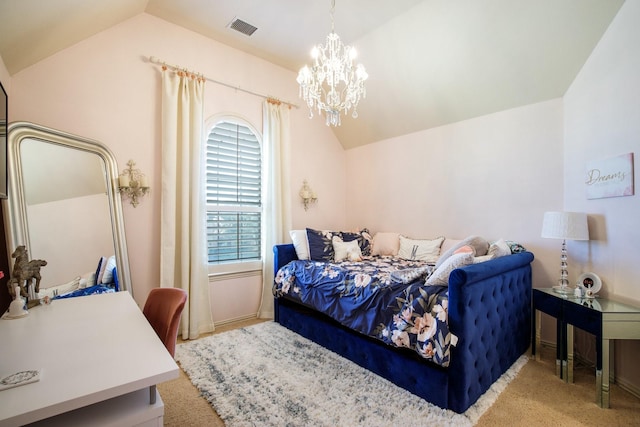 bedroom with vaulted ceiling, carpet, and a chandelier