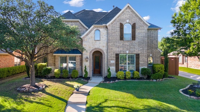 french country home featuring brick siding, a front lawn, and stone siding