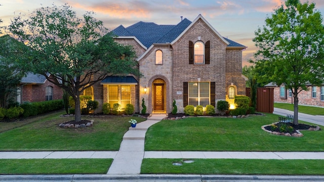 french country style house featuring brick siding and a yard