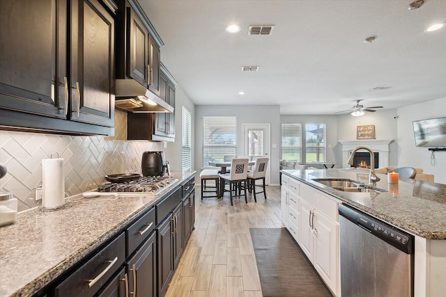 1127 Donnington Trl, Saginaw, TX 76131 - kitchen featuring appliances with stainless steel finishes, a sink, under cabinet range hood, a lit fireplace, and a ceiling fan