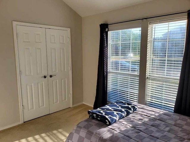 bedroom featuring lofted ceiling, carpet flooring, a closet, and baseboards