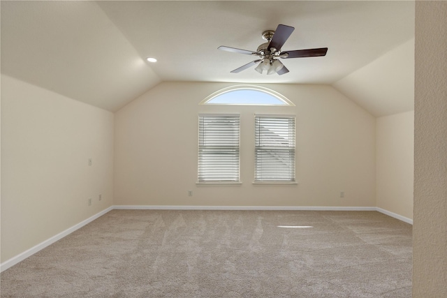 9716 Meadow Creek Dr, Denton, TX 76226 - bonus room with vaulted ceiling, light colored carpet, ceiling fan, and baseboards