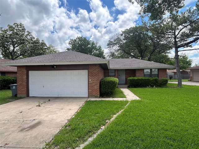 5004 Haywood Pkwy, Dallas, TX 75232 - ranch-style home featuring a front lawn, brick siding, driveway, a garage, and a shingled roof