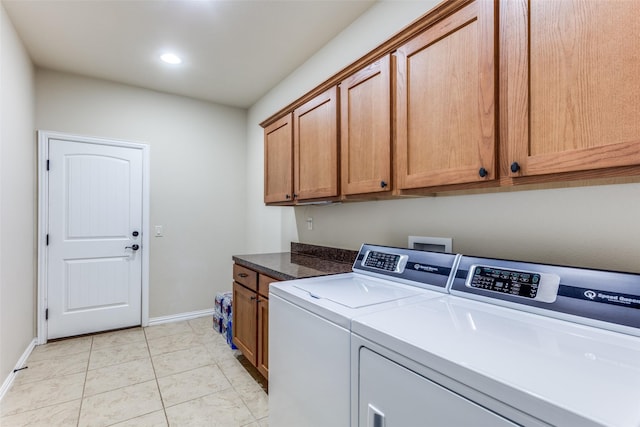 11708 Southerland Dr, Denton, TX 76207 - washroom with washing machine and clothes dryer, cabinet space, baseboards, and recessed lighting