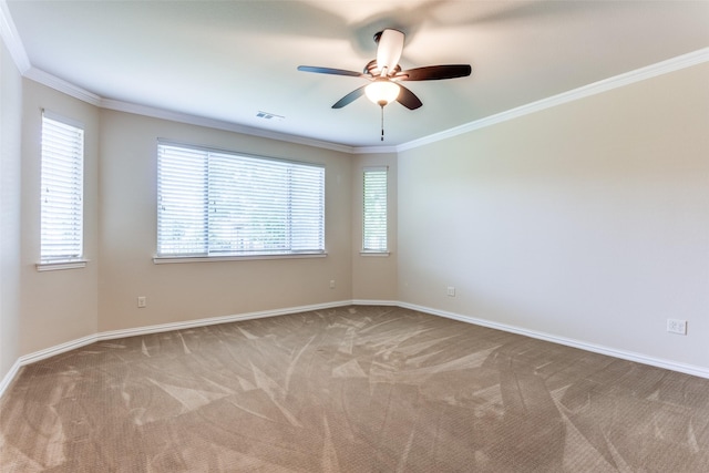 11708 Southerland Dr, Denton, TX 76207 - carpeted empty room featuring a ceiling fan, baseboards, and crown molding