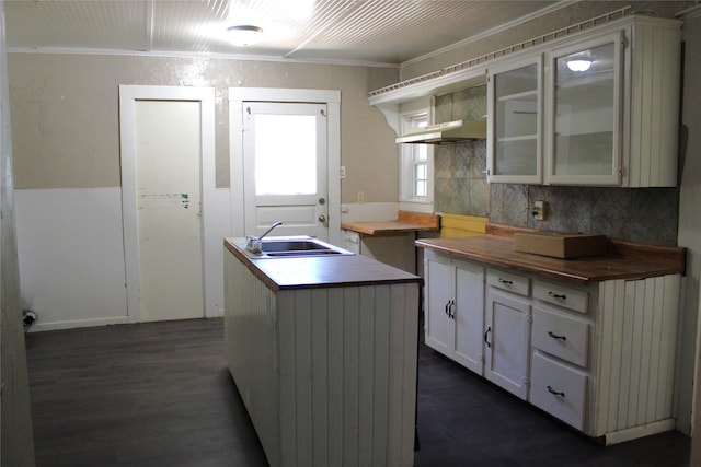 534 N Race St, Stephenville, TX 76401 - kitchen featuring wooden counters, crown molding, a sink, dark wood-type flooring, and glass insert cabinets
