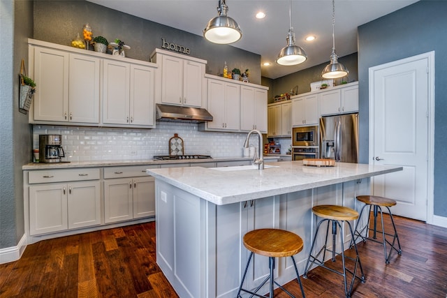 5912 Uplands Dr, Mckinney, TX 75070 - kitchen with appliances with stainless steel finishes, under cabinet range hood, a sink, decorative backsplash, and dark wood-type flooring