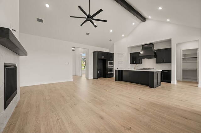 4413 Sandstrom Way, Fort Worth, TX 76179 - unfurnished living room featuring beamed ceiling, high vaulted ceiling, ceiling fan, a sink, and a fireplace