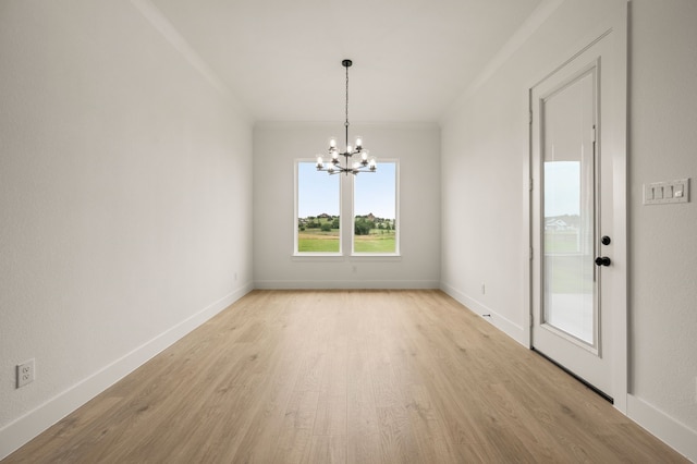 4413 Sandstrom Way, Fort Worth, TX 76179 - unfurnished dining area featuring a chandelier, light wood-type flooring, crown molding, and baseboards