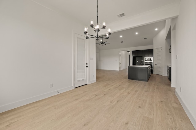 4413 Sandstrom Way, Fort Worth, TX 76179 - unfurnished living room with a chandelier, a sink, recessed lighting, light wood-style floors, and baseboards