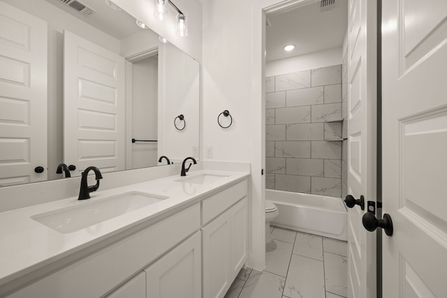 4413 Sandstrom Way, Fort Worth, TX 76179 - bathroom with marble look tiles, toilet, double vanity, recessed lighting, and shower / washtub combination