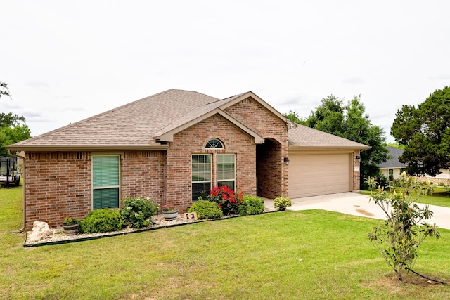 single story home featuring brick siding, a garage, driveway, and a shingled roof