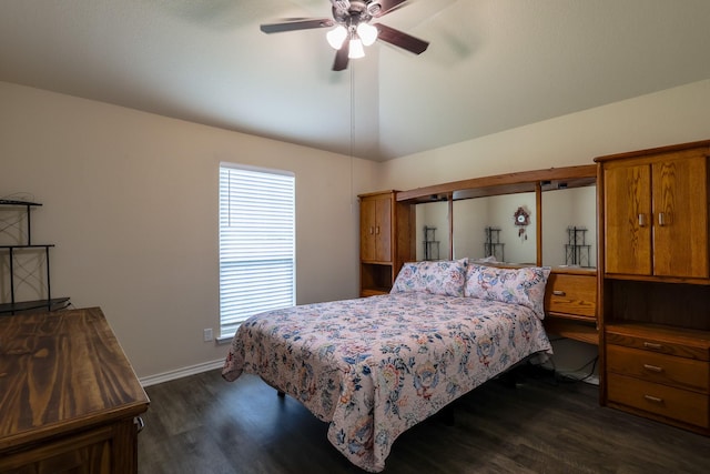bedroom featuring dark wood-style flooring, baseboards, vaulted ceiling, and ceiling fan