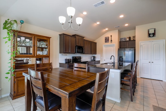 dining room with light tile patterned floors, vaulted ceiling, a chandelier, recessed lighting, and baseboards