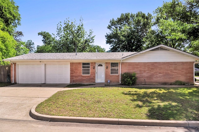 single story home with brick siding, driveway, an attached garage, and a front yard