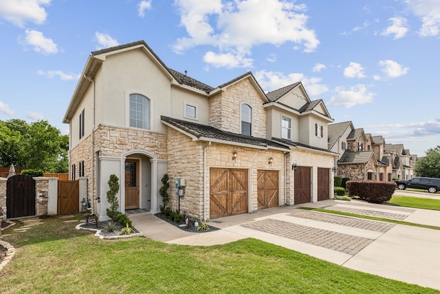 2576 Fountain Cv, Carrollton, TX 75006 - view of property featuring stone siding, a garage, a gate, driveway, and stucco siding