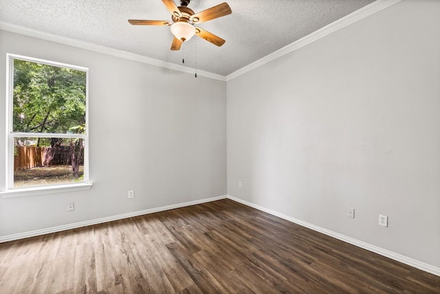 2118 W E Roberts Dr, Grand Prairie, TX 75051 - spare room with dark wood-type flooring, baseboards, a textured ceiling, ceiling fan, and crown molding