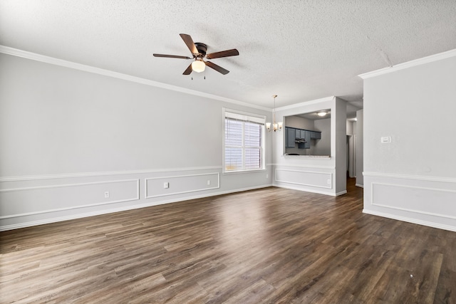 2118 W E Roberts Dr, Grand Prairie, TX 75051 - unfurnished living room with a chandelier, a ceiling fan, a textured ceiling, dark wood finished floors, and crown molding