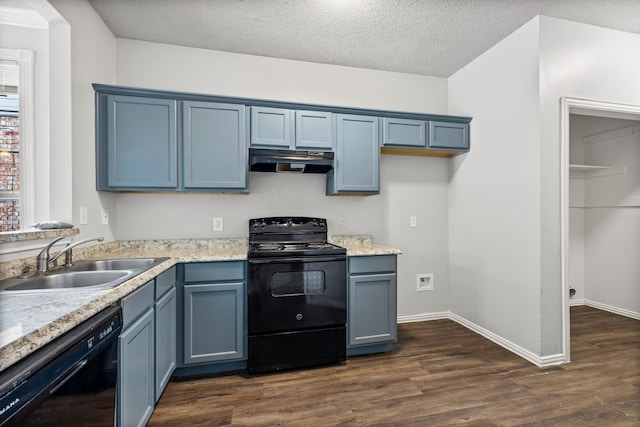 2118 W E Roberts Dr, Grand Prairie, TX 75051 - kitchen featuring black appliances, a sink, under cabinet range hood, dark wood-style flooring, and light countertops